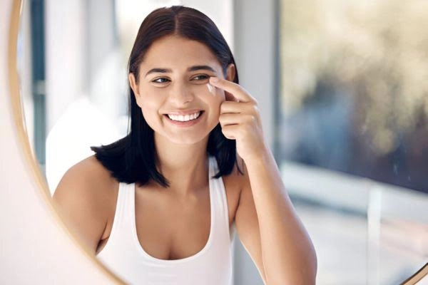 Mujer aplicándose crema en el contorno de los ojos